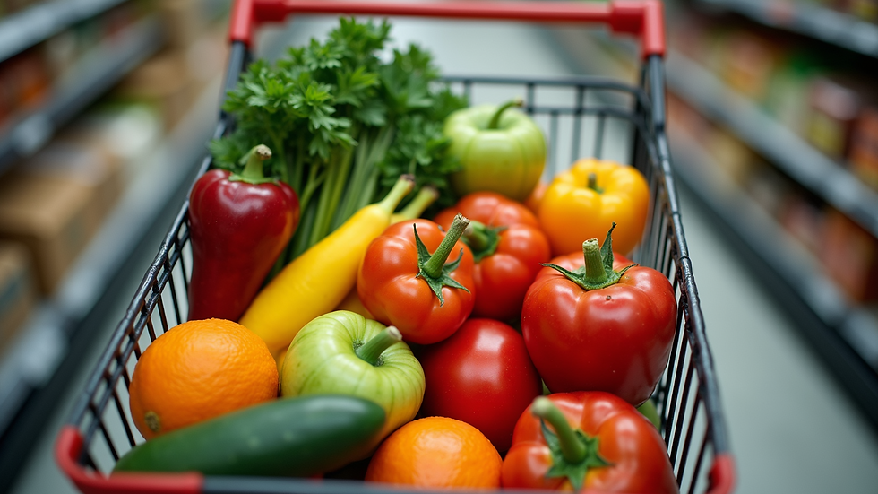 High angle view of a grocery cart filled with fresh produce