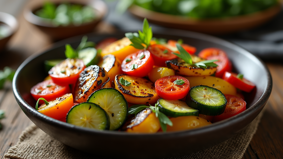 High angle view of a colorful grilled vegetable platter