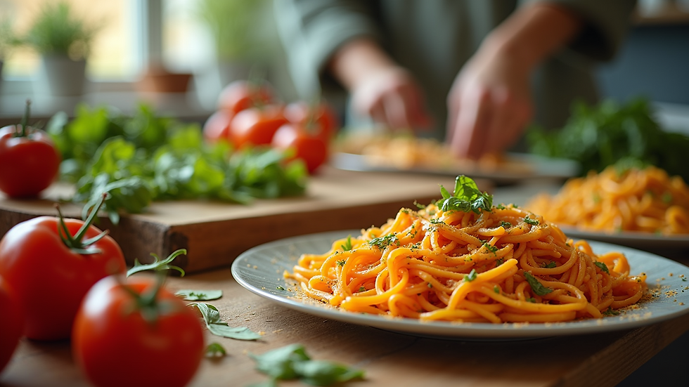 Eye-level view of a colorful meal preparation setup