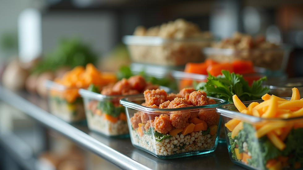 Close-up view of a variety of prepared meals stored in glass containers
