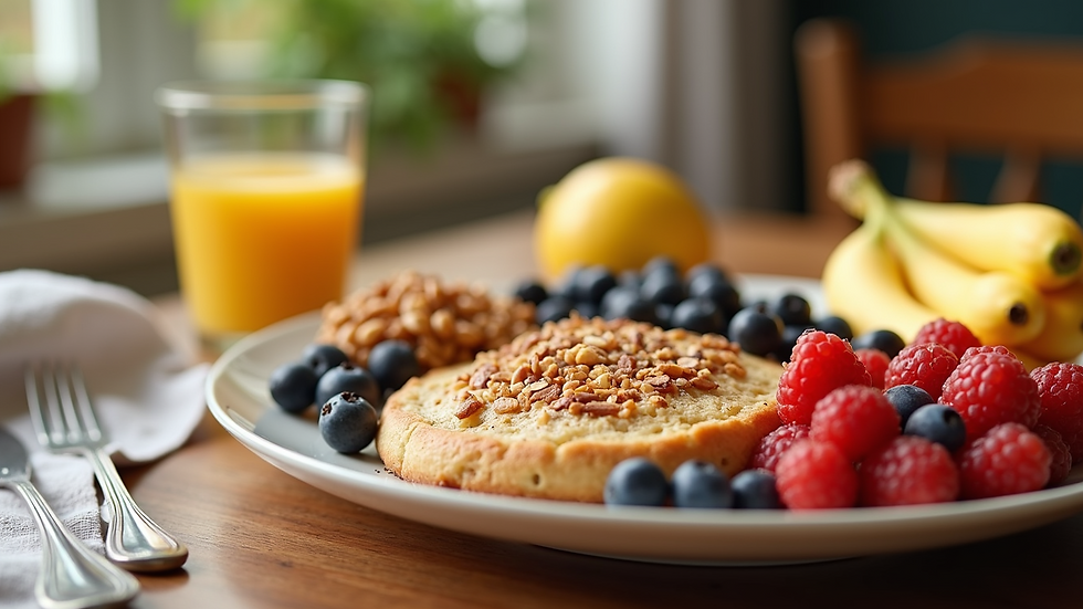 Close-up view of a healthy breakfast spread with fruits and grains