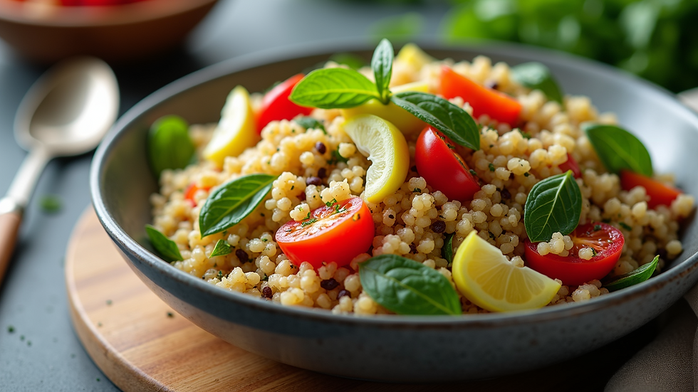 High angle view of a colorful quinoa salad
