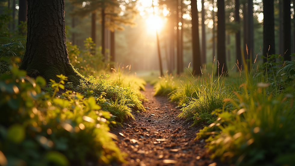 Close-up of a serene trail in a sunlit forest