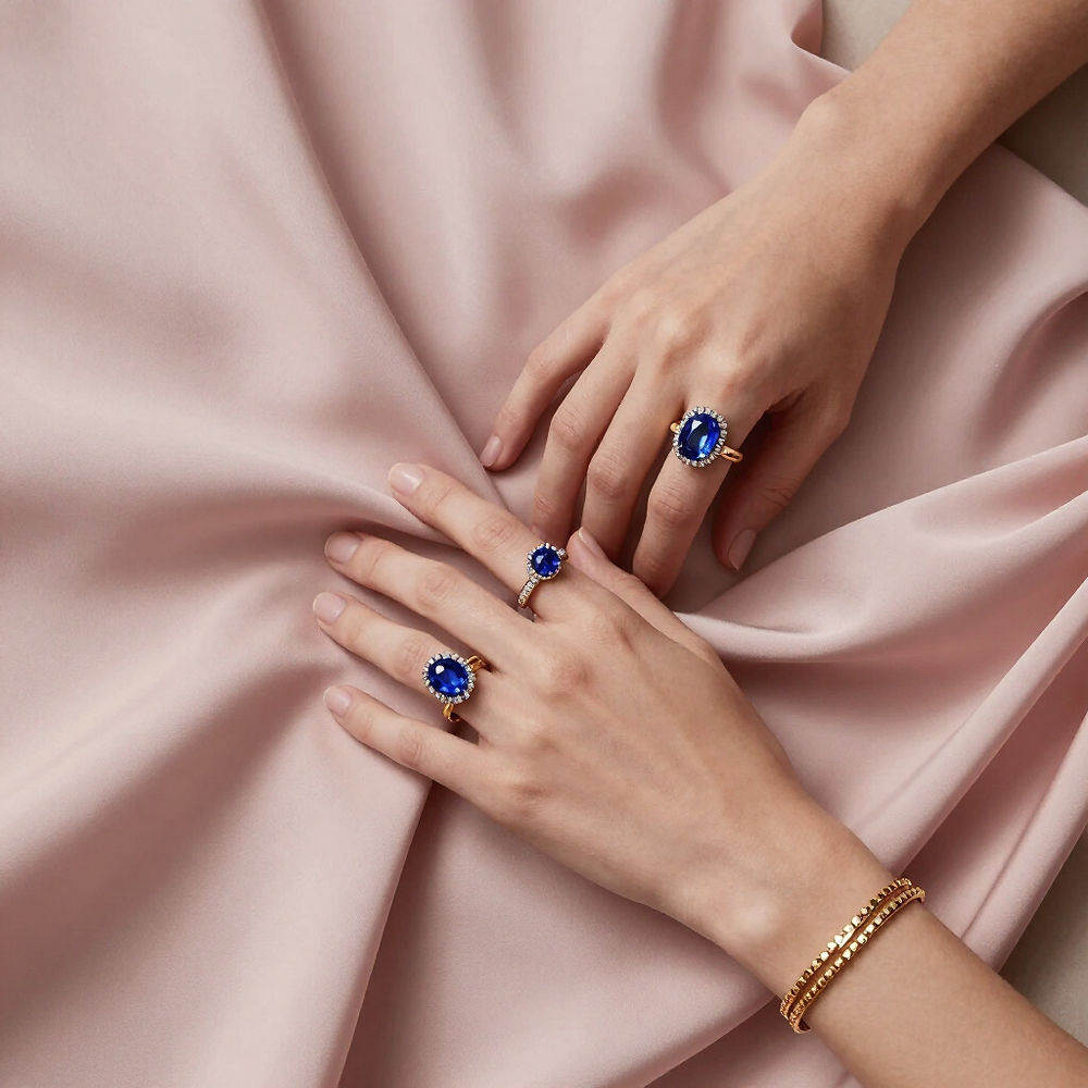 Hands wearing blue stone rings and a gold bracelet on pink fabric.