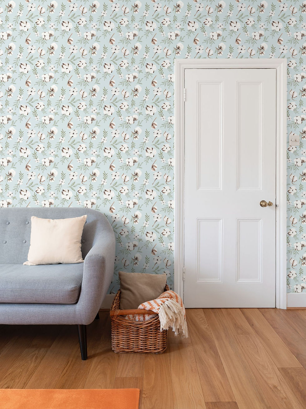 Thumbnail: Cotton & Leaves Wallpaper Botanical Pattern in Light Blue