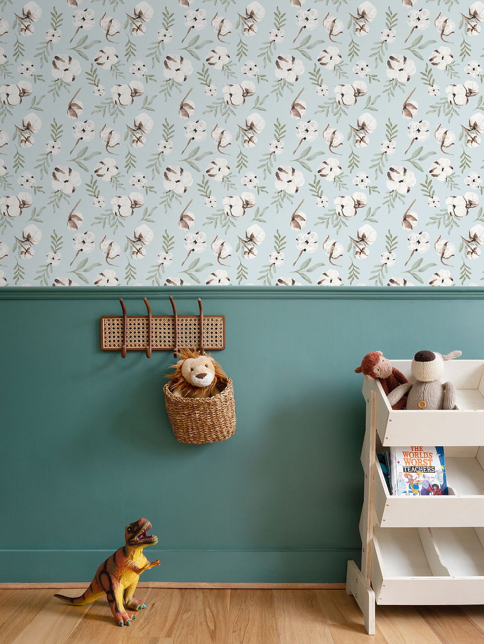 Thumbnail: Cotton & Leaves Wallpaper Botanical Pattern in Light Blue