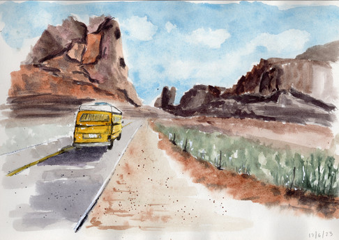 Watercolour painting of a yellow camper van in a road in the USA