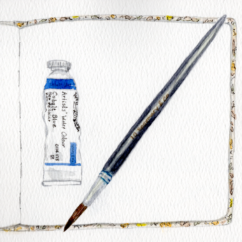 watercolour illustration of a paint tube, brush and sketchbook