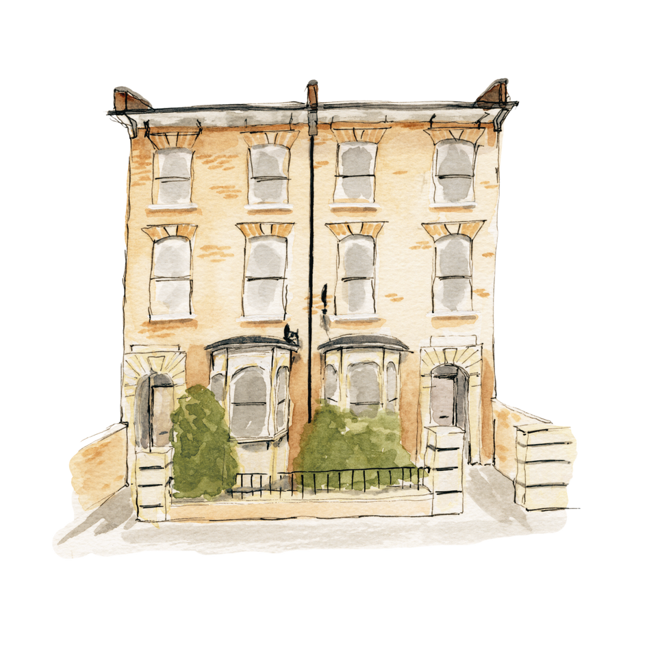 House facade illustration in watercolour and ink