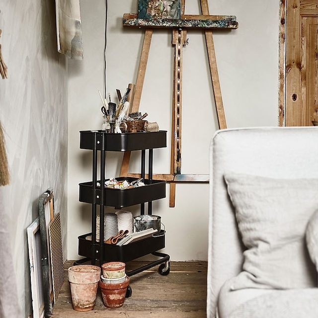 Ikea Raskog trolley in black with art supplies