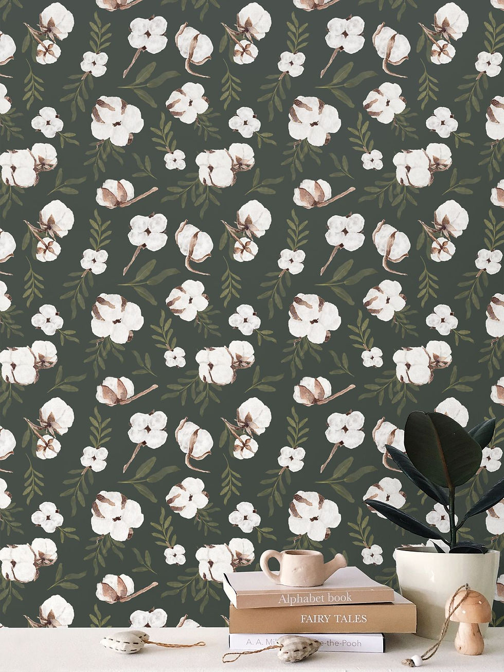 Thumbnail: Cotton Leaves Wallpaper Botanical Pattern in Forest Green