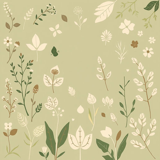 botanical background with plant icons, mature and elegant, greens, browns and creams, warm