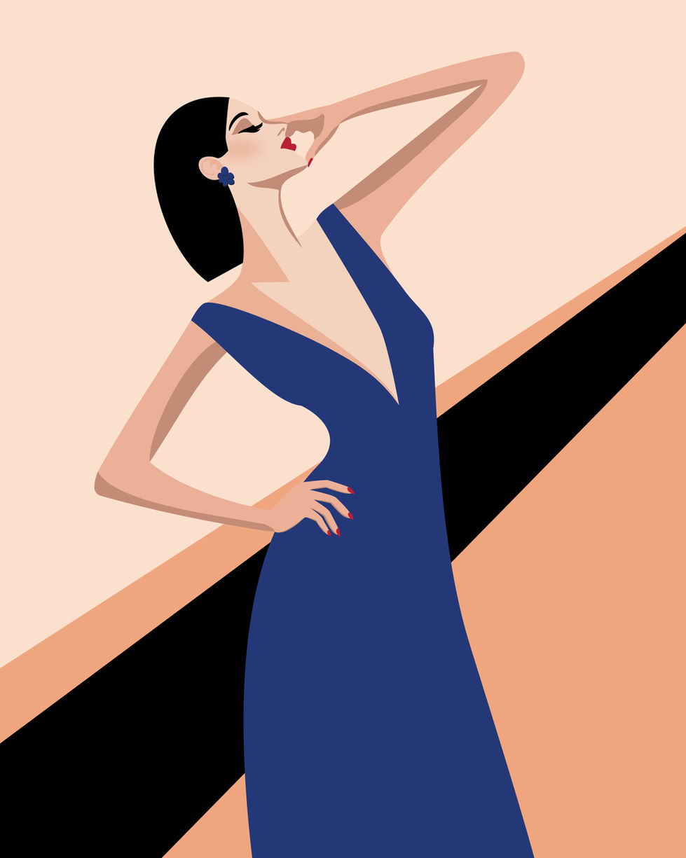A vector illustration of a beautiful woman with short dark hair wearing a blue dress posing against a black and peach geometric background.
