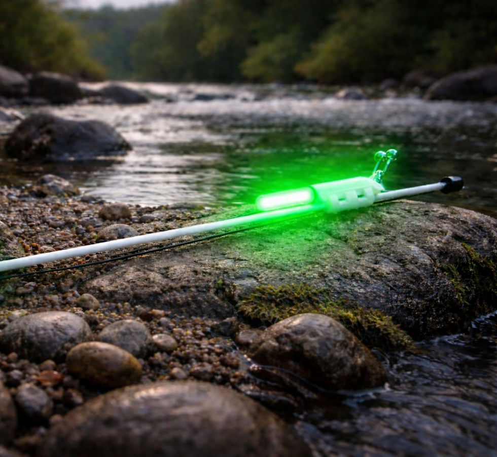 URHOOKED handmade carp fishing bobbin bite indicator in fluorescent green with stainless steel line clip