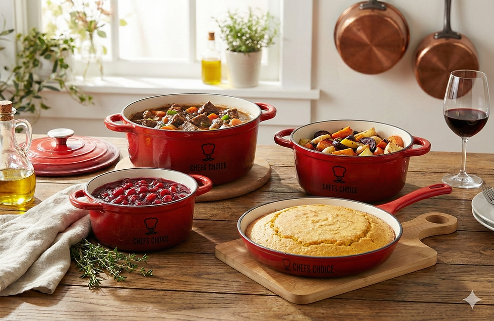 Red enameled cast iron Dutch oven with lid on a bright kitchen counter.