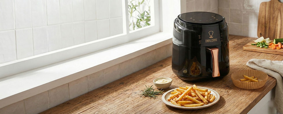 Black electric air fryer on a modern white kitchen countertop near a window.