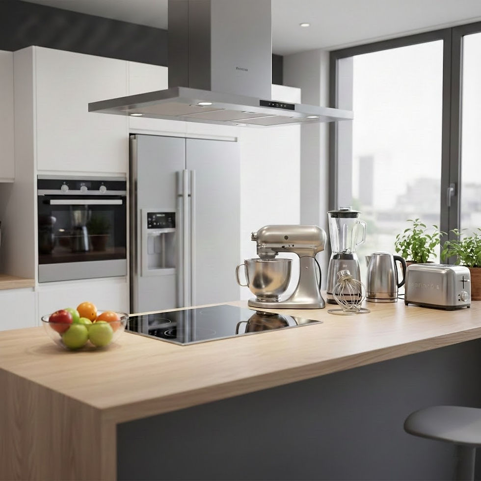 White touchless sensor kitchen trash bin placed next to cabinets.