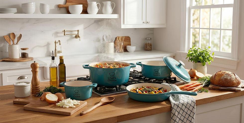 Modern speckled kitchen cookware set displayed in a bright kitchen setting.