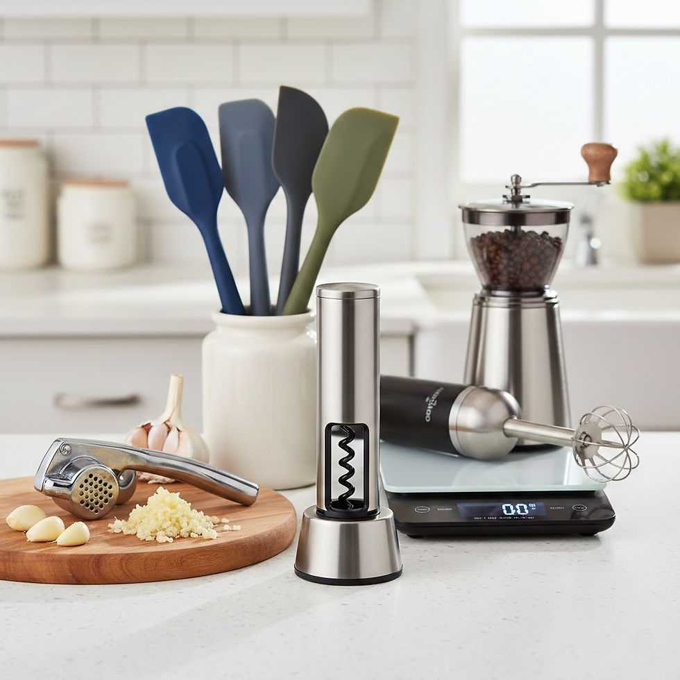 Kitchen utensil set with holders organized on a white countertop.