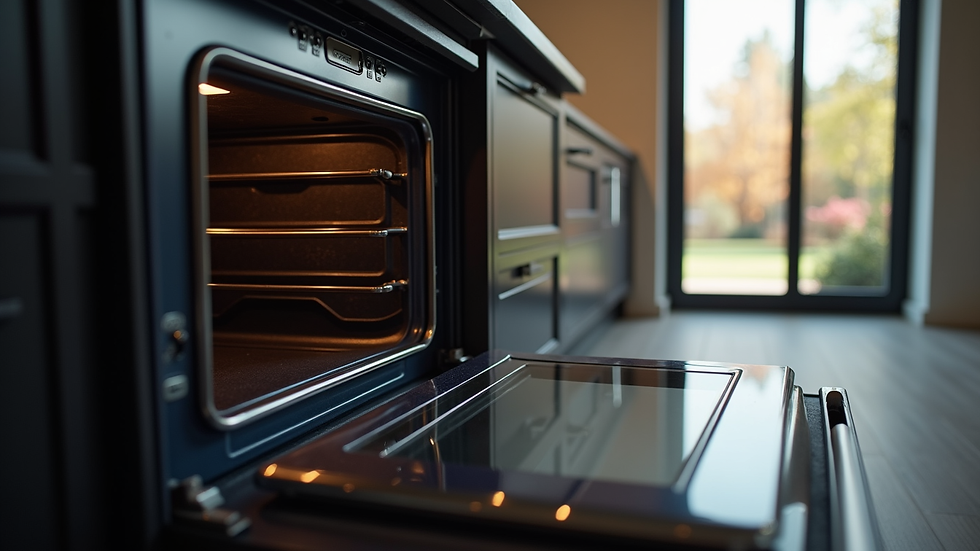 Eye-level view of a modern oven with an open door showing the interior