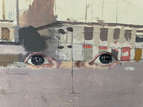 A painting where eyes appear between a building. The painting is by Antonio López