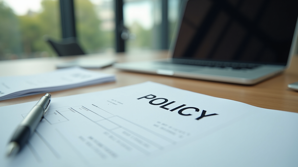 Close-up view of a conference table with policy documents and a laptop