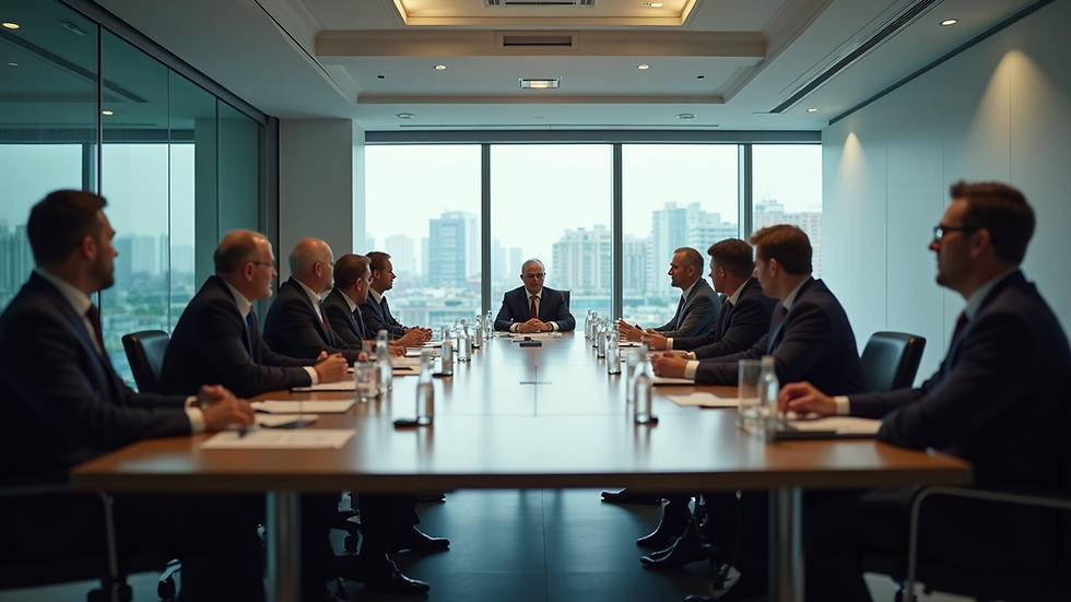 Eye-level view of a conference room with policy experts discussing strategy