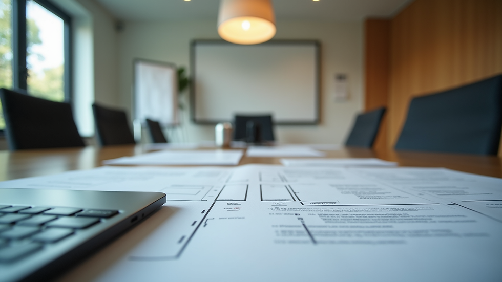 Close-up view of a conference room with documents and a laptop