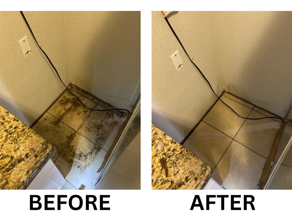 Before and after photo of the floor beneath a fridge that was cleaned during a move out cleaning in a Jacksonville Florida Home
