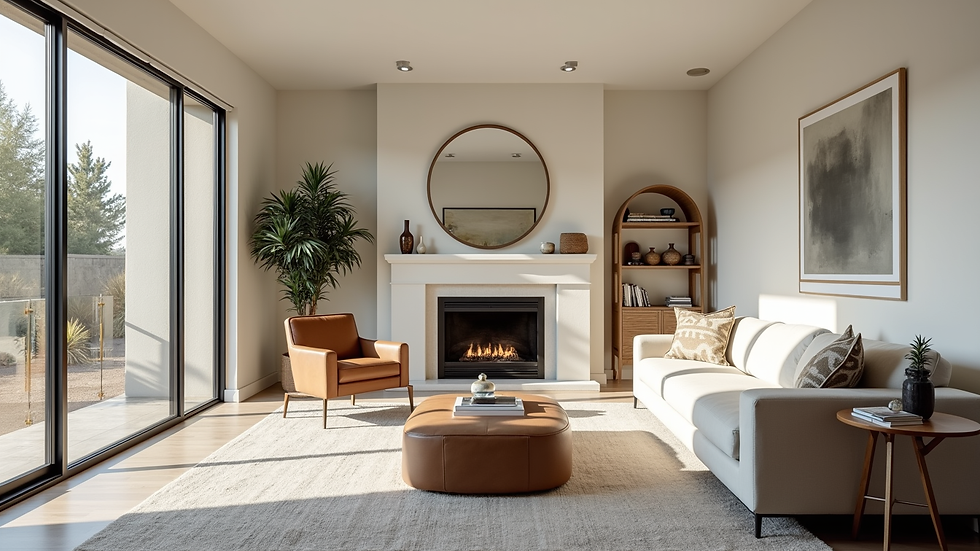 Wide angle view of a well-staged living room in a West Metro Denver home