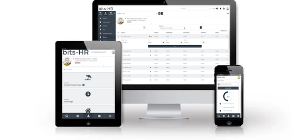 Mobile Ansicht von Zeiterfassung und Abwesenheitsübersicht in bits-HR auf verschiedenen Endgeräten – intuitive Bedienung für Mitarbeitende unterwegs.