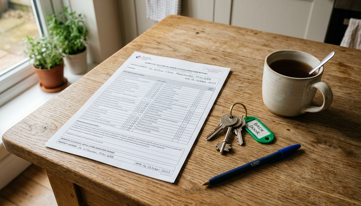 Overhead view of house keys beside an electrical safety report on a wooden kitchen table.