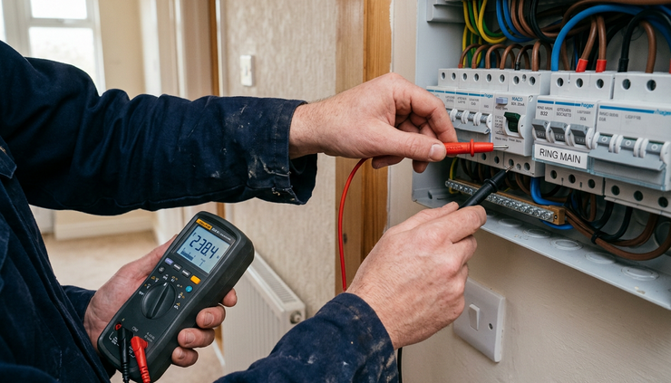 Close-up view of an electrician testing a domestic consumer unit