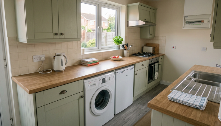 Wide-angle view of a tidy UK kitchen with accessible plug sockets before an electrical inspection.
