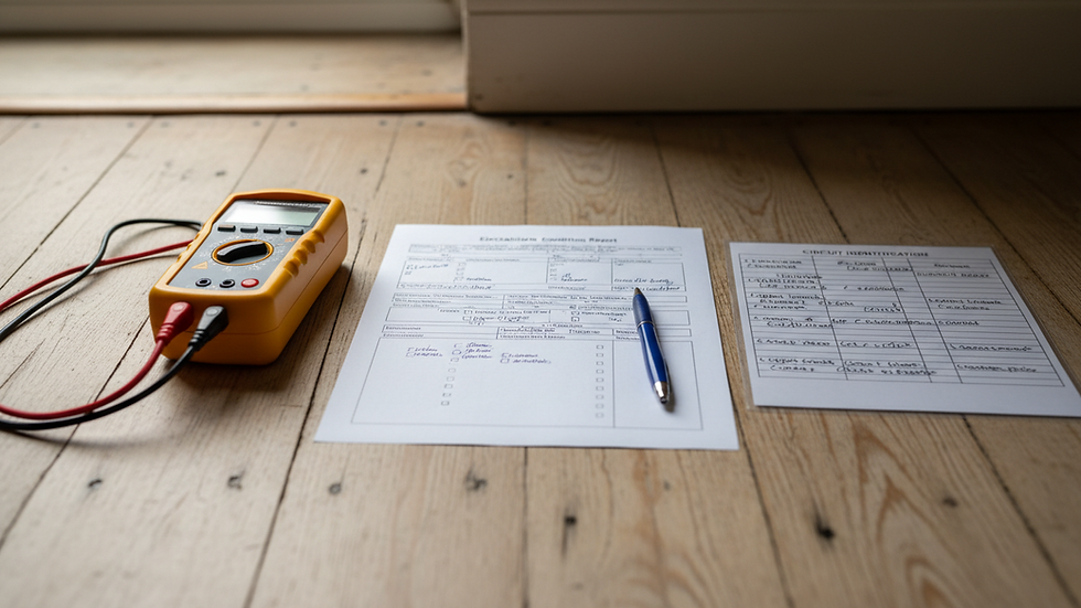 Eye-level view of an open EICR form beside electrical testing equipment on a wooden floor.