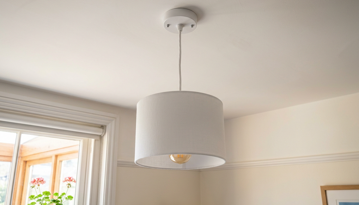 Low-angle view of a newly fitted white ceiling pendant with a simple lampshade