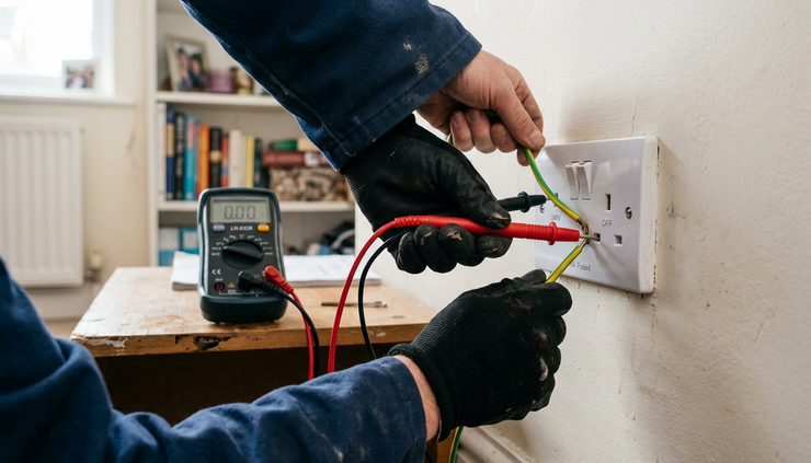 Close-up view of test leads connected to an electrical socket during an inspection.
