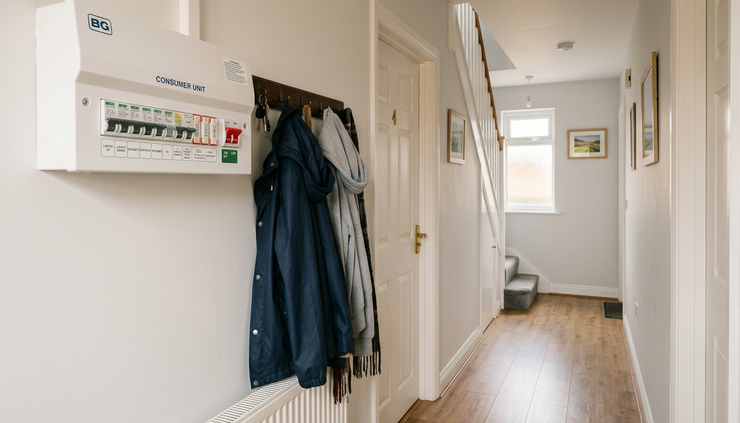 Wide-angle view of a rental home hallway with a closed consumer unit on the wall