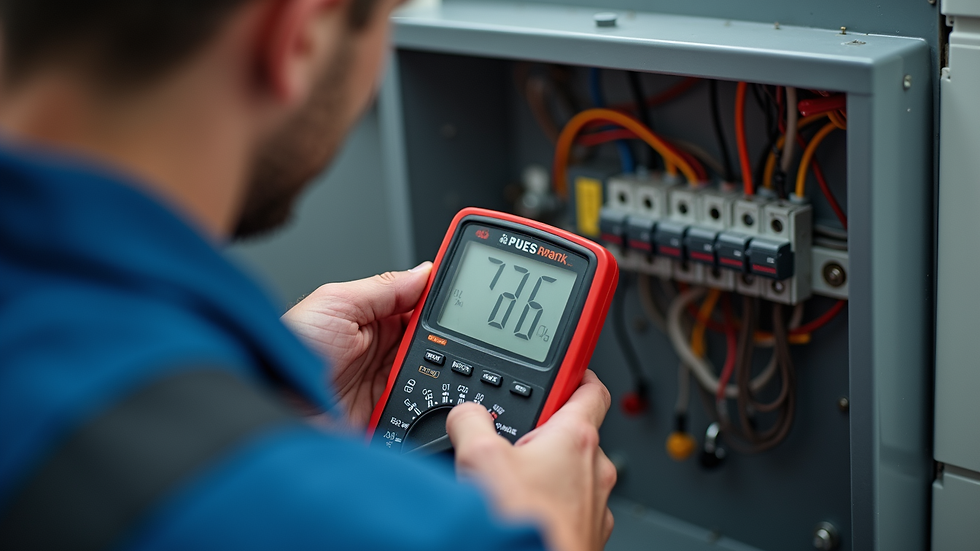 Close-up view of an electrician testing a fuse box with a multimeter