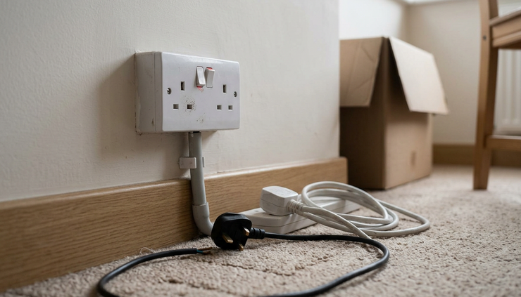 Close-up view of a wall socket beside an unplugged extension lead