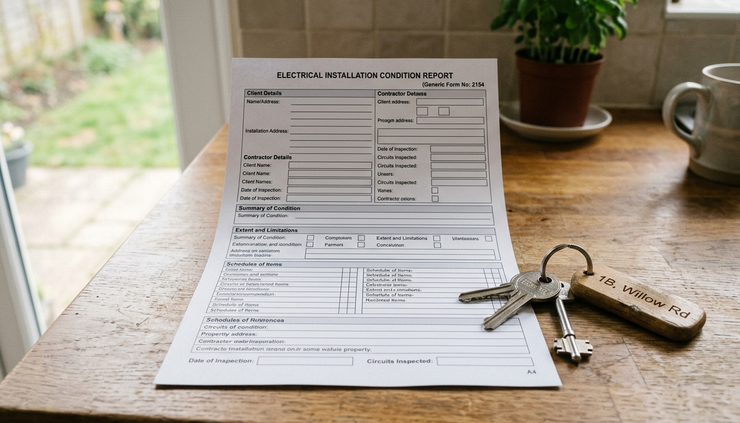 Close-up view of a printed electrical installation condition report beside house keys