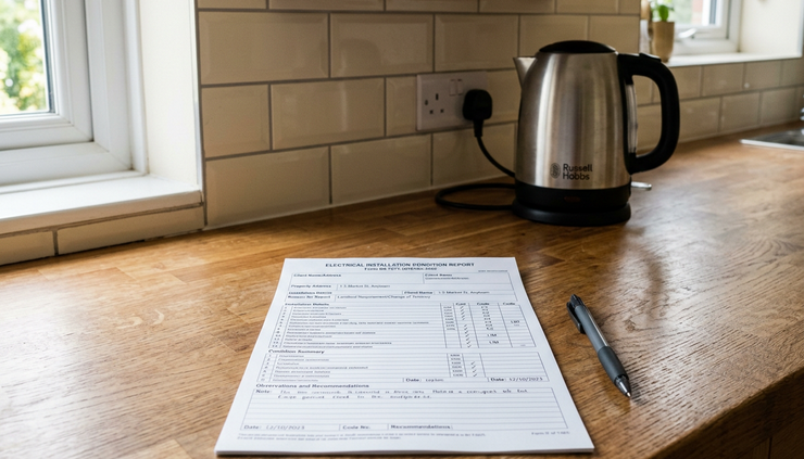 Eye-level view of an electrical safety report on a kitchen worktop in a rental property