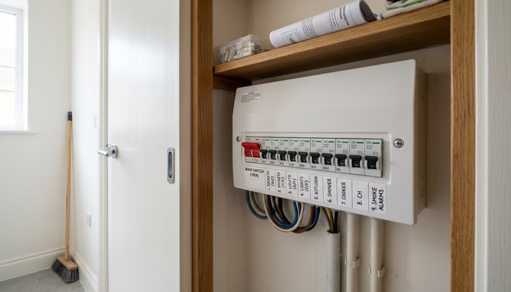 Low-angle view of a modern consumer unit in a tidy utility cupboard