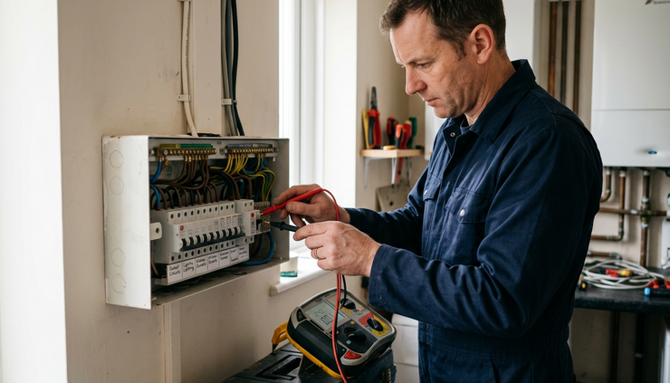 Close-up view of an electrician testing a domestic consumer unit with insulated probes