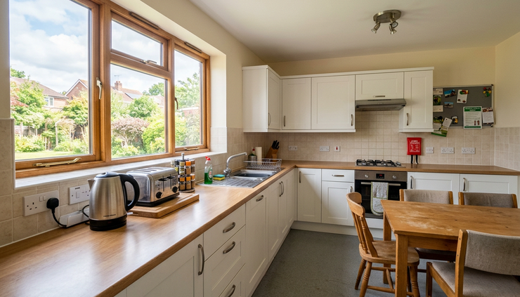 Wide-angle view of a shared kitchen with a kettle and wall sockets