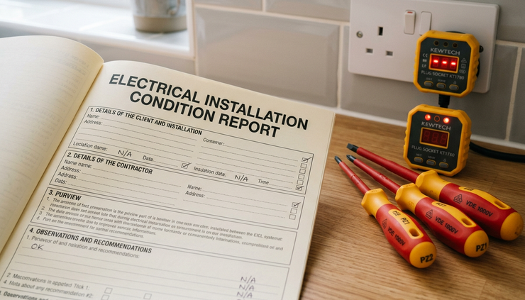 Close-up view of an EICR document beside insulated electrical tools on a kitchen worktop