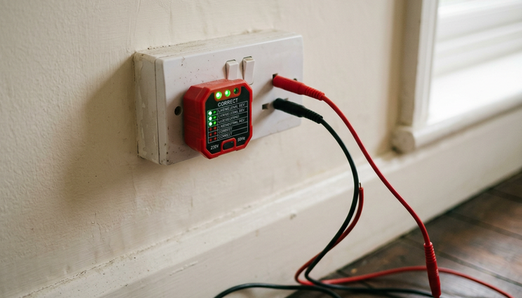 Close-up view of a socket tester connected to a wall outlet.