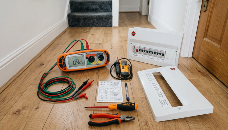 Overhead view of electrical test equipment placed beside a consumer unit cover.
