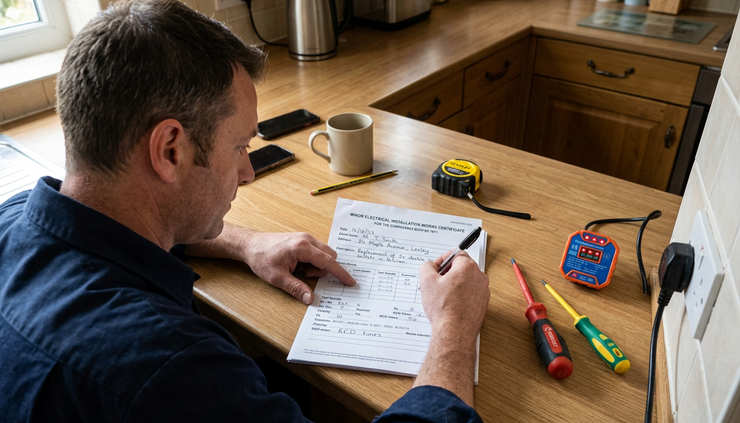 Overhead view of an electrician writing a minor works certificate beside testing tools