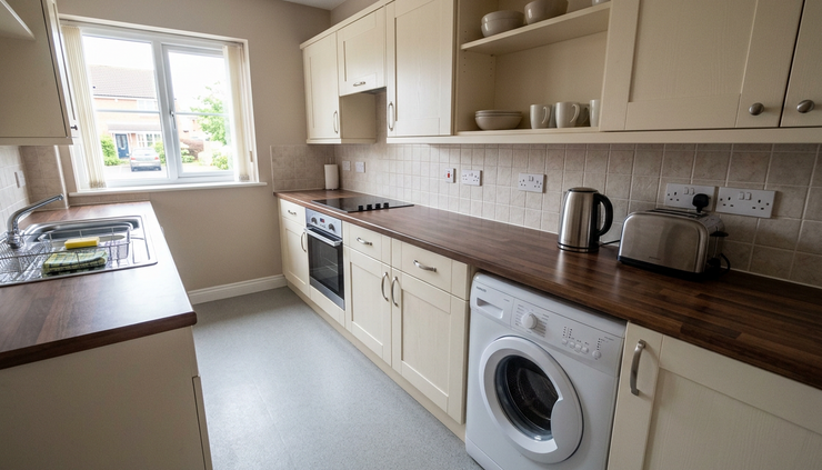 Wide-angle view of a clean rental kitchen with visible sockets and simple appliances
